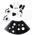 Cow costume set with spotted ears, tail, bowtie, gloves and black polka dot mesh skirt - Black and White Cow 7-Piece Set