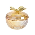 Amber glass nail crystal cup in apple shape with golden butterfly handle on the lid - Round Sunny Gold Butterfly Crystal Cup