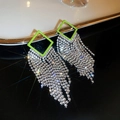Silver needle long tassel earrings with green geometric studs and shimmering rhinestones - Green Rhombus Tassel Style / Green