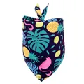 Detail of tropical pet bandana with pink flamingos and pineapples on dark blue fabric - Big Lemon Flamingo