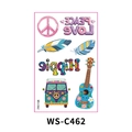 Tatouages temporaires style hippie avec signes de paix, van et motifs de ukulélé - WS-C462/Guitare Amour et Paix