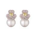 Detail of flower earrings featuring pink pave zircon petals and a large white round pearl - Silver/Pink Zirconia