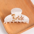 White marble pattern hair claw clip with golden Bride text and crown motif - White Marble with Gold Text