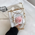 White Baroque handbag with embossed angel motifs and pink rose detail in gold finish - Flower White