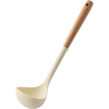 Cucharón de silicona beige con mango de madera natural y agujero para colgarlo - Cucharón blanco lechoso (con soporte)
