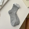 Light gray knit crew socks featuring white lace trim and elegant silk bow accents - One Size / Grey Slouchy Tube