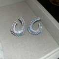Close-up of horseshoe stud earrings with sparkling silver zircon stones on velvet box - Silver