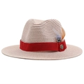 Classic beige straw fedora sun hat with red ribbon and decorative feathers on white background - Nude Pink