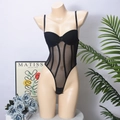 Détail d'un body en maille noire avec bonnets à armatures et baleines verticales - S / Noir