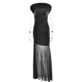 Detail van elegante zwarte mouwloze jurk met geplooid lijfje en doorschijnende mesh-rok - M / Grijs