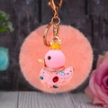 Pink rhinestone duck keychain with soft fur ball and golden crown charm for bags - Single OPP Bag Packaging / Pink Duck + Light Pink Plush Ball