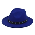 Close-up of the royal blue fedora hat with decorative gemstone chain and silver rivets - Sapphire Blue