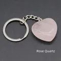 Polished natural rose quartz heart keychain with silver metal ring and short chain - Rose Quartz