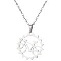 Silver stainless steel sprocket necklace featuring a bicycle silhouette pendant - Bicycle Gear Style (795 Steel)