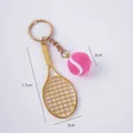 Mini golden tennis racket and pink plush ball keychain charm with size measurements - 2cm Small Rose Red Tennis Ball + Gold Racket