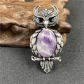 Antique silver owl brooch pendant with natural purple amethyst stone and black gem eyes - Amethyst