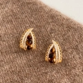 Macro detail of leaf-shaped gold earrings with brown cat-eye stones and zircon trim - 20# Silver Earring Post - Gold Coffee