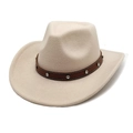 Detailed view of beige wool felt western hat with studded brown leather band - M (56-58cm) / Beige