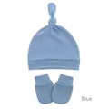 Detailed view of blue knitted cotton newborn knotted hat and anti-scratch mittens set - Denim Blue Hat and Mittens