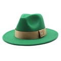 Detail of wide brim green wool fedora hat with brown ribbon and small metal bee accessory - Grass Green