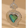 Silver vintage heart pendant with colorful abalone shell inlay and zircon accents - Large Heart Style (White Gold) (XL2397)