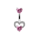 Detail of heart belly ring featuring pink crystals and silver-tone curved barbell bar - Gold Double Heart Pink Zirconia Style