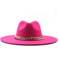 Women's rose pink wool fedora hat with a stylish gold chain band on white background - M (56-58cm) / Rose Red