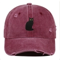 Distressed burgundy cotton baseball cap with black cat embroidery and vintage ripped details - Burgundy