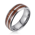 Men's 8mm silver tungsten ring with brown wood inlay and polished beveled edges - US 7 / Silver & Wood