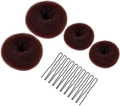 Brown mesh bun maker set with four hair donuts and ten black metal U-shaped hair clips - 14-Piece Coffee Set / Brown