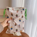 Detail of drawstring cotton pouch featuring cute bear prints and green woven cord - Large Size(24cm*30cm)