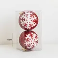 Set of 2 red glitter Christmas balls with white snowflake patterns and gold hangers - 10cm Snowflake 2-Pack / Red