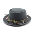 Detail of grey wool felt hat featuring turquoise stone and colorful beaded ethnic trim - M (56-58cm) / Gray