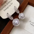Elegant gold-plated S925 silver needle drop earrings with round white pearls and zircons - Silver Hollow White Pearl Style