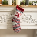 Knitted red Christmas stocking with reindeer pattern, hanging on a cozy fireplace, 48cm - Large Red Blue and White Reindeer Style / 14x48cm / Red Blue White