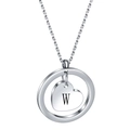 Detail shot of a polished stainless steel circle necklace with a heart pendant engraved W - Letter W