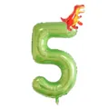 Green foil number 5 balloon featuring a red cartoon T-Rex decoration for kids birthday party - 40 Inch Fruit Green Number 5 + New YC T-Rex
