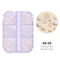 Close-up of 3D resin camellia nail charms in a 6-grid box, model AK-05 6.8x5mm - Mixed Camellia Flowers 05 / 6 Grids Box