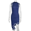 Blue sleeveless knit maxi dress with turtleneck and asymmetric wave pattern hemline - M / Navy Blue