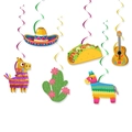 Mexican Fiesta party hanging swirls with Sombrero, Taco, Piñata, and Cactus motifs - Mexican Fiesta Hanging Spirals 6Pcs