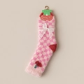 Pink checkered mink velvet thermal socks with cherry patterns and a cute white bow - One Size / Naughty Pink