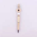 Detail of beaded pen with beige sunflower, white silicone beads and rhinestone rings - White Grey Brown Daisy