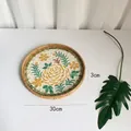 30cm round handmade rattan tray with yellow and green mosaic floral pattern base - Peony / Small 30*3cm