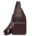 Men's dark brown woven leather chest bag with adjustable strap on a white background - Style 4 / Brown