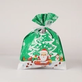 Green Christmas gift bag with Santa and snowman patterns and silver ribbon tie - Small / Christmas Green