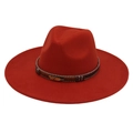 Detail of red wool felt fedora featuring a gold feather charm and ethnic braided band - Adult (57-60cm) / Rust Red Heart (Gold Feather)