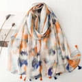 Lightweight bali yarn scarf with orange and blue gradient ink patterns and tassels - Orange Blue & Grey Abstract Stripes (SL2505-007)