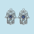 Hamsa Hand DIY charms in antique silver with blue evil eye beads for jewelry making - Silver Hamsa Hand Blue Eye Pendant