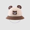 Detailed macro view of a cute kids cartoon bear bucket hat with 3D ears and embroidery - 50cm 1-3 Years / Coffee