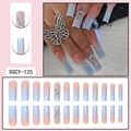Blue gradient long square press-on nails with silver heart rhinestones and wave lines - Light Blue Pink Gradient Rhinestone Heart Style (SGCY-125)